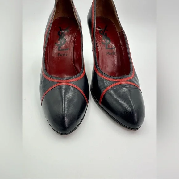 Vintage YSL Yves Saint Laurent Paris Shoes Black High Heel Pumps Red Trim 10 - Picture 5 of 11